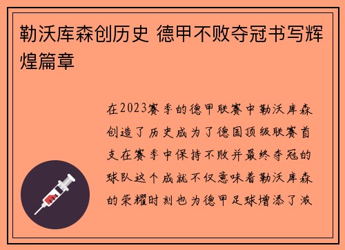 勒沃库森创历史 德甲不败夺冠书写辉煌篇章